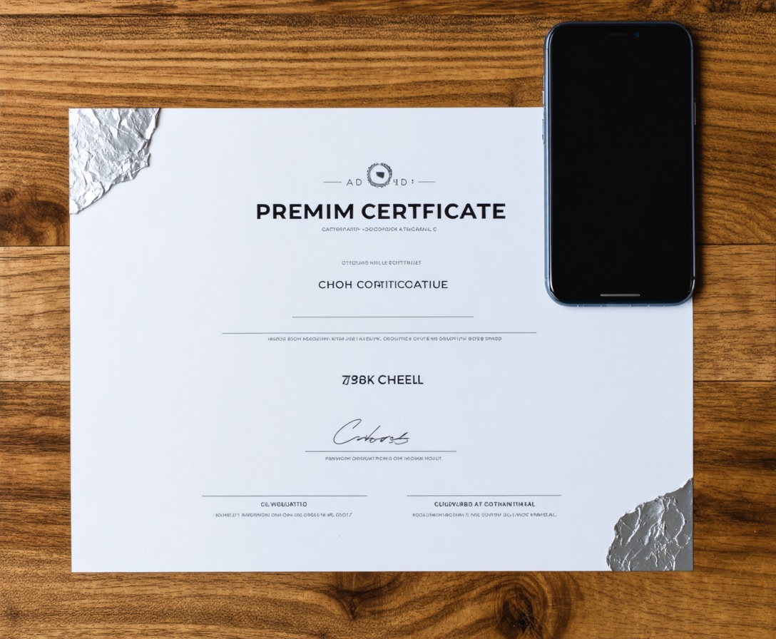 Ein hochwertiges Zertifikat mit silbernem Siegel auf einem Schreibtisch