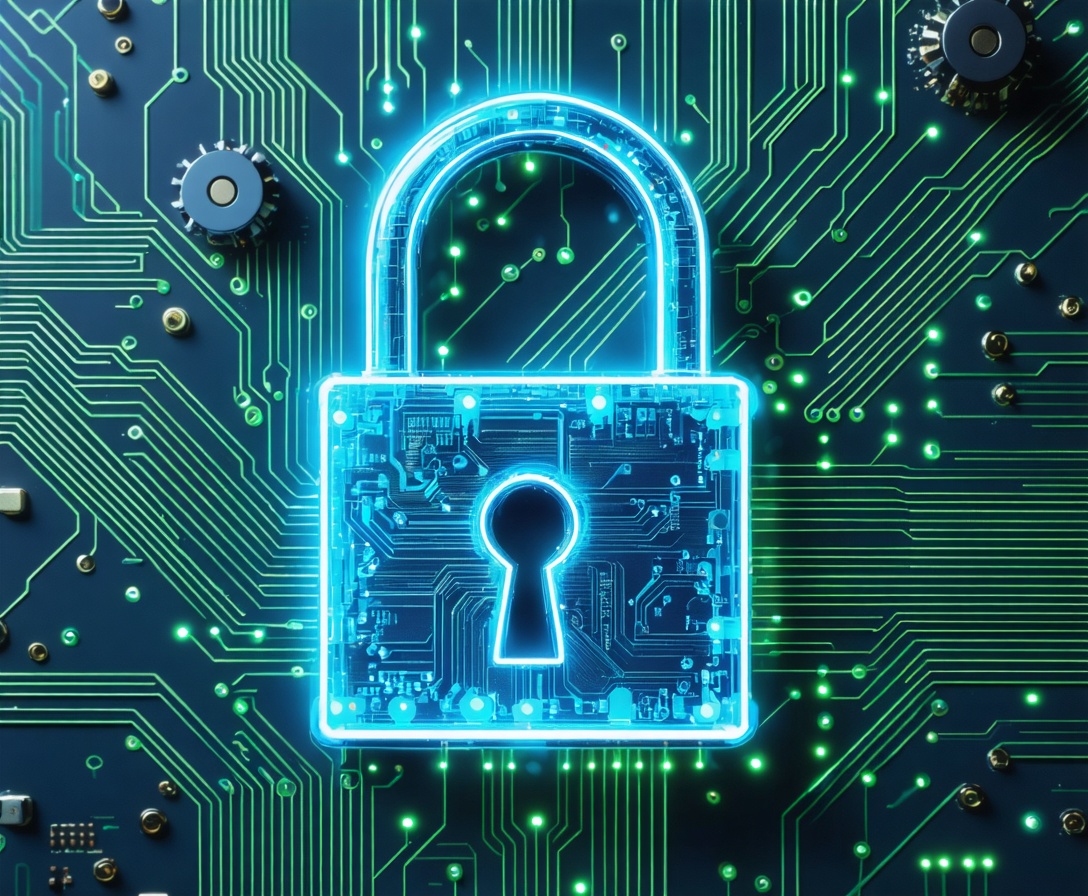 Digitales Vorhängeschloss integriert in ein Platinenmuster zur Veranschaulichung der Datensicherheit