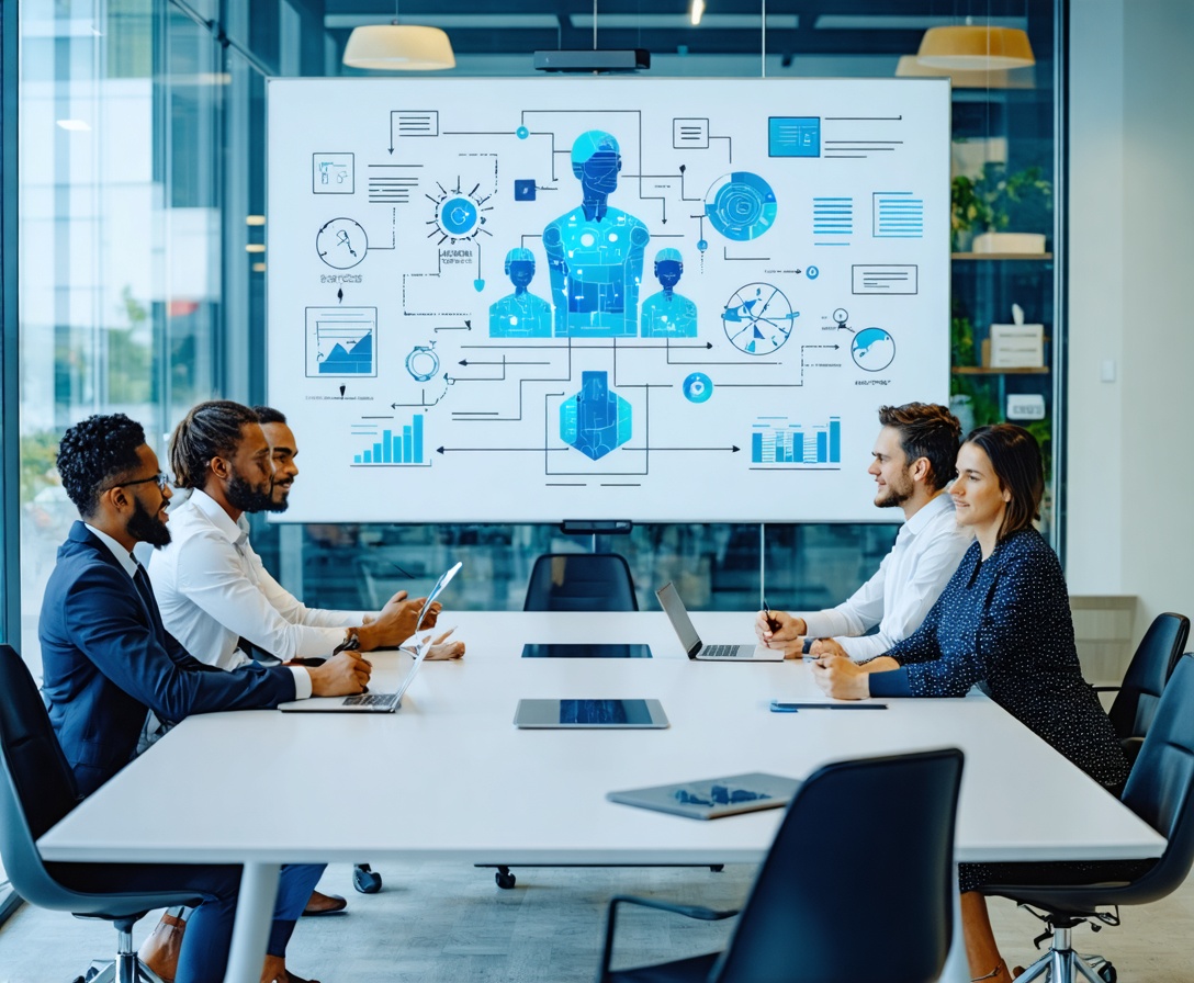 Ein professionelles Geschäftstreffen in einem Konferenzraum mit digitaler Datenwand