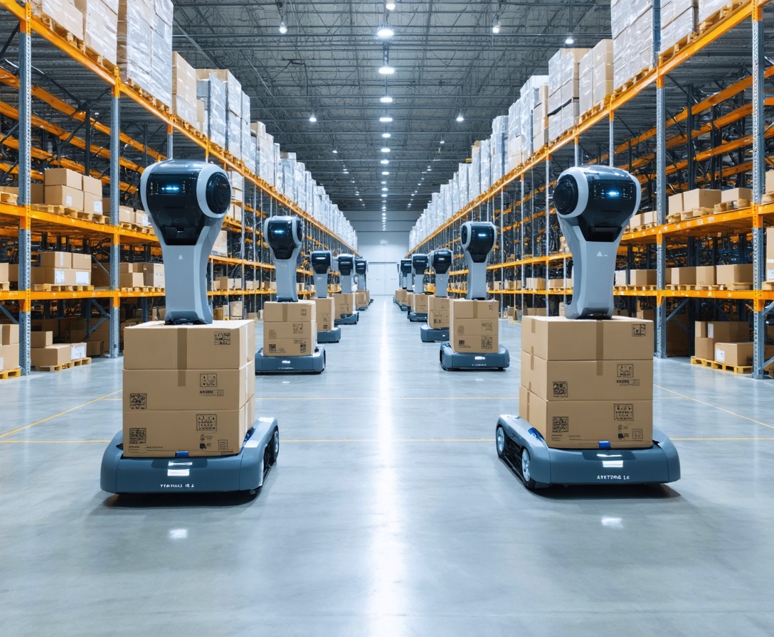 Automatisierte Roboter in einem modernen Logistikzentrum