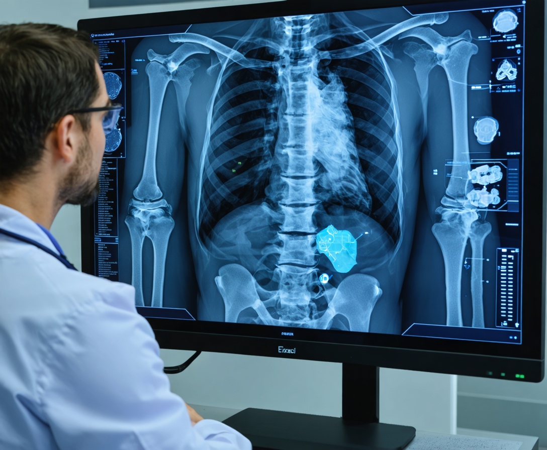 Medizinisches Personal analysiert KI-gestützte Scans auf einem digitalen Monitor