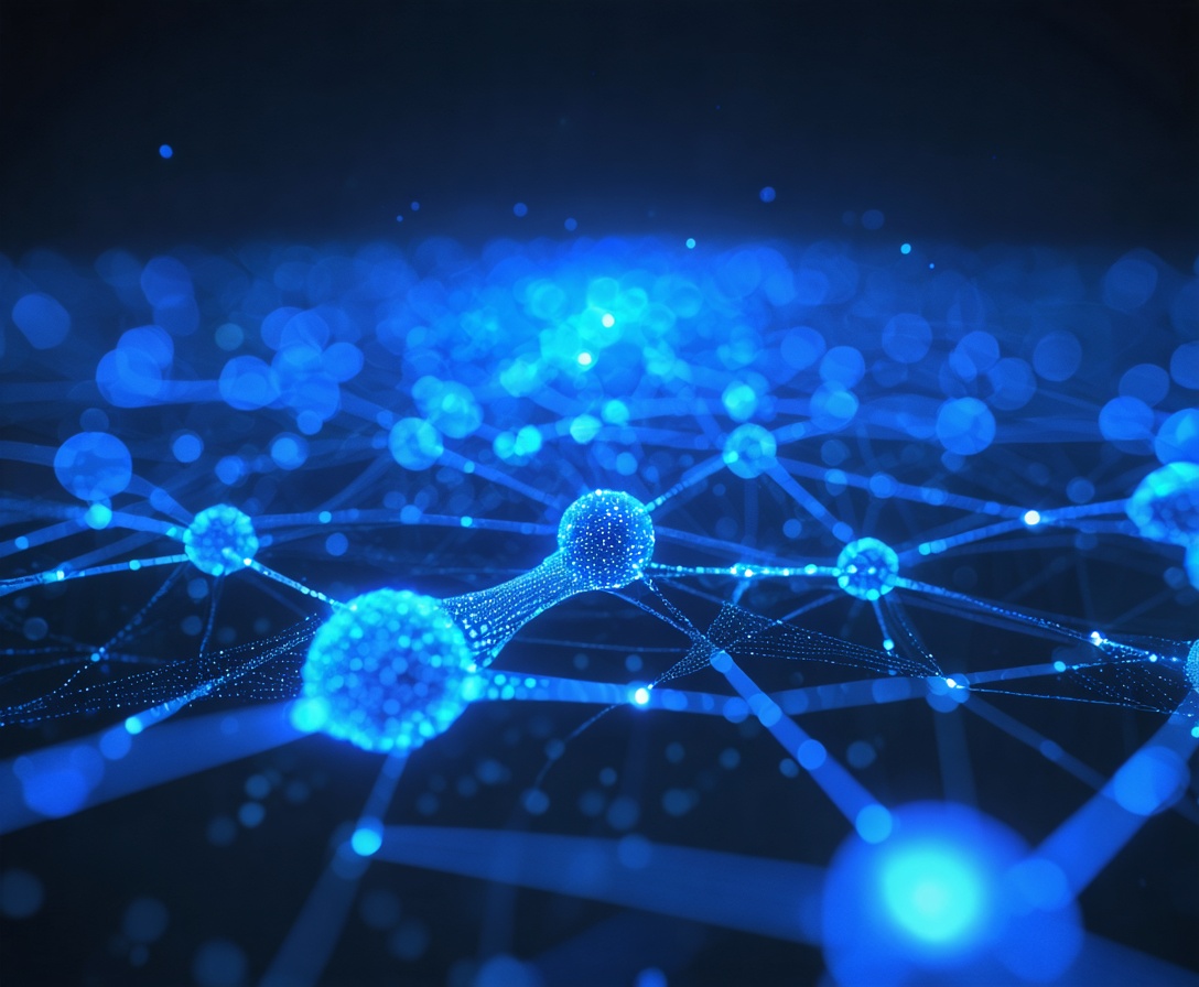 Abstrakte Darstellung eines neuronalen Netzwerks mit leuchtenden blauen Knoten