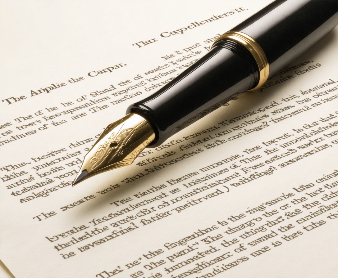 Nahaufnahme eines Füllfederhalters auf einem unterschriebenen Rechtsvertrag