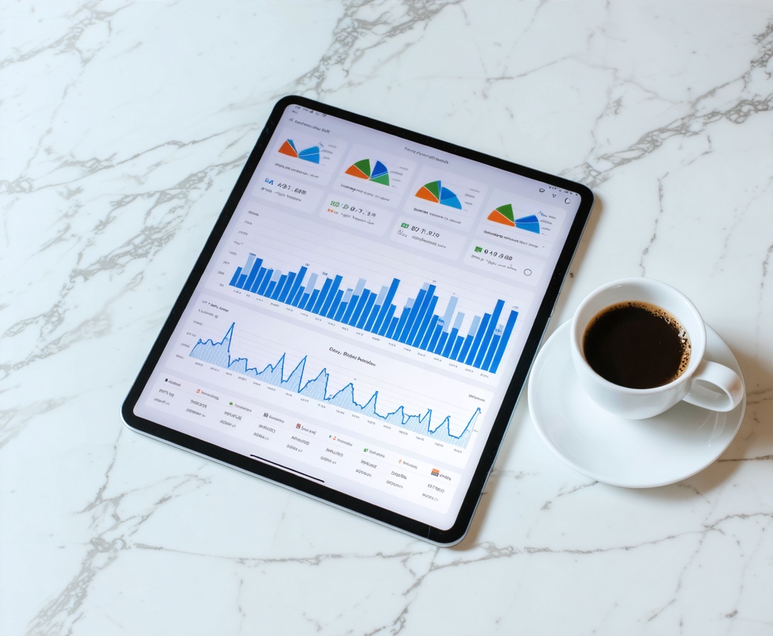 Ein Tablet mit Finanzdiagrammen auf einem minimalistischen Schreibtisch